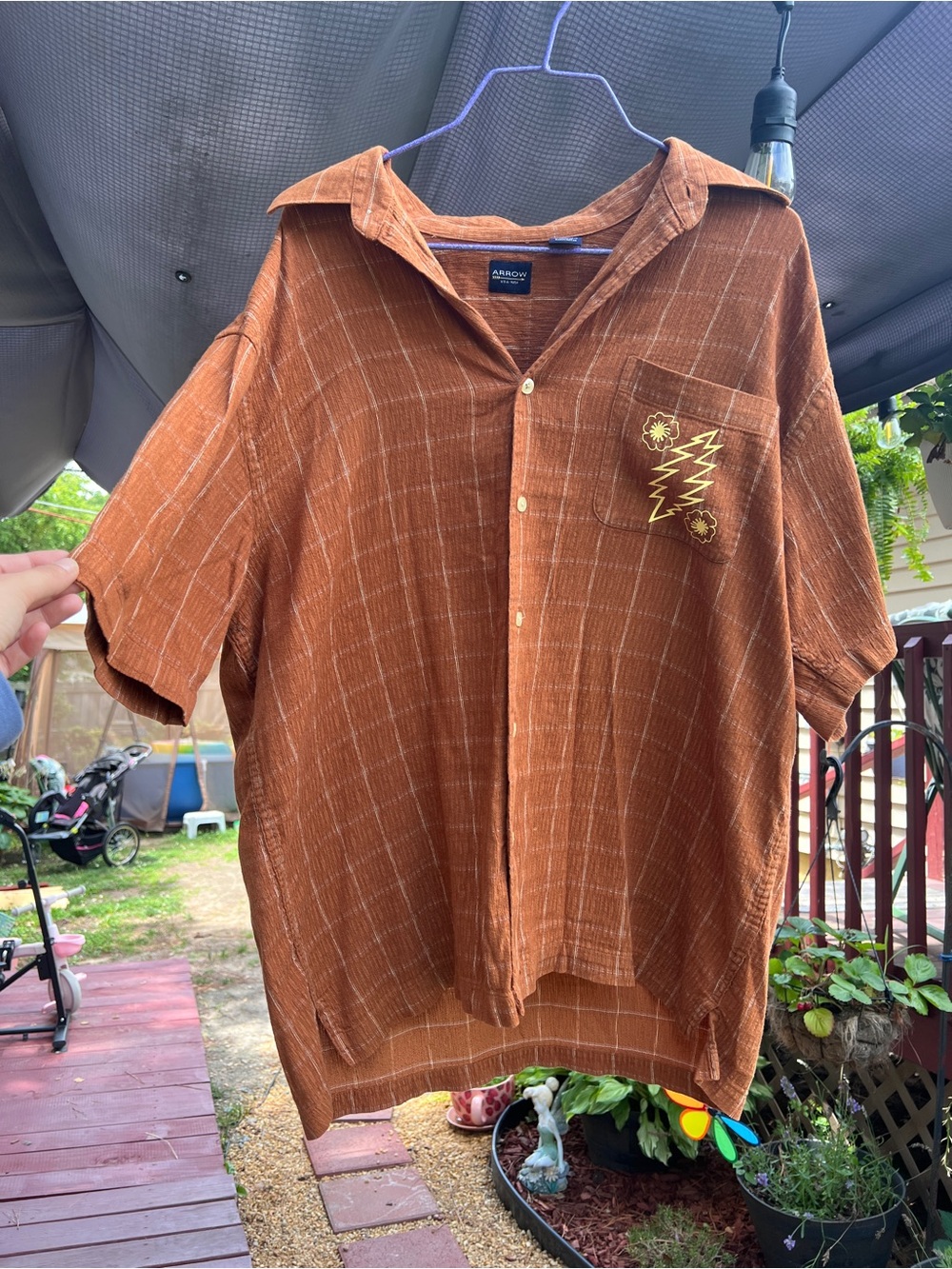 Rust Brown Short Sleeve Button-Up Shirt by Arrow with Yellow Grateful Dead Bolt